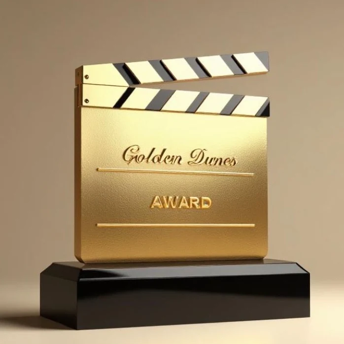 The Golden Dunes Award — a 24-karat gold-plated clapboard trophy on a black base